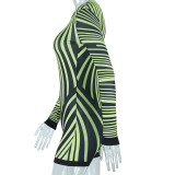 Fall Winter Women's Long Sleeve Zipper Round Neck Striped Print High Waist Tight Fitting Butt Lift Jumpsuit