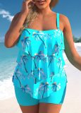 Tankini Digital Printing Multilayer Ruffle High Waist Square Leg Women Plus Size Swimsuit