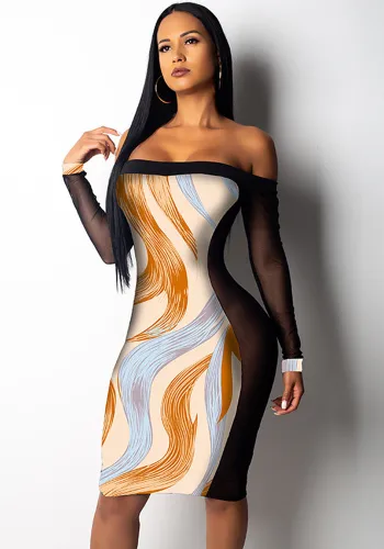 Women's Off Shoulder Mesh Patchwork Long Sleeve Printed Club Dress