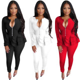 Autumn and winter women's clothing solid color zipper ruffled long-sleeved trouser suit two-piece pants set