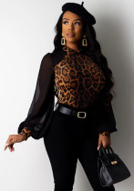 Camiseta de manga larga con retazos de gasa negra + terciopelo de leopardo para mujer