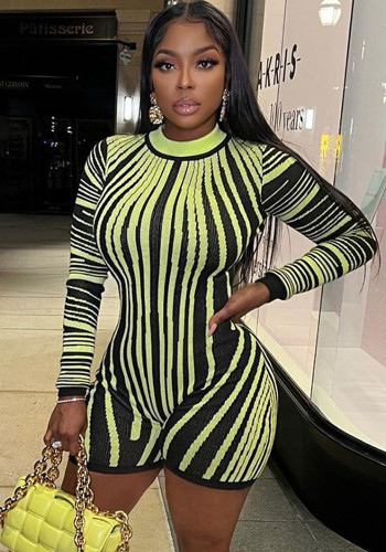 Fall Winter Women's Long Sleeve Zipper Round Neck Striped Print High Waist Tight Fitting Butt Lift Jumpsuit