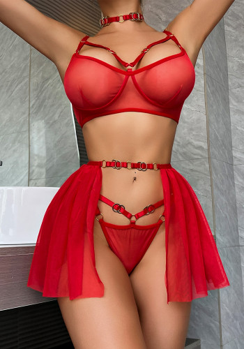 Rojo Día de San Valentín Ver a través de lencería divertida Estilo Anillo de metal Malla Chicas lindas Conjunto de 4 piezas