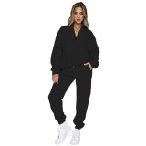 Women's Autumn and Winter Solid Zipper Pullover Long Sleeve Pocket Hoodies Two Piece Pants Casual Set