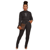 Women's invisible zipper split trousers printed Casual two-piece suit