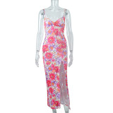 Women's summer digital printing v-neck sling medium long split Strap Dress