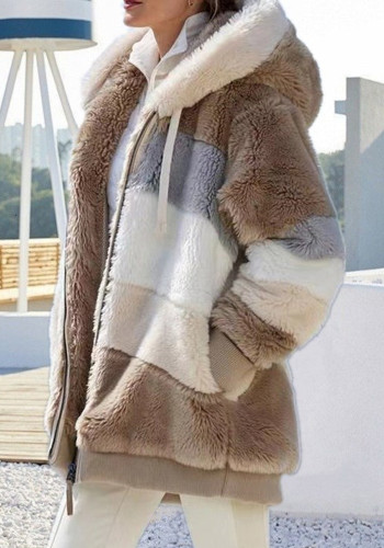 Kadın Sonbahar ve Kış Sıcak Peluş ve Fermuarlı Cebi Kapşonlu Gevşek Ceket