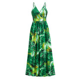 Women Bohemian Print V-Neck Strap Maxi Dress