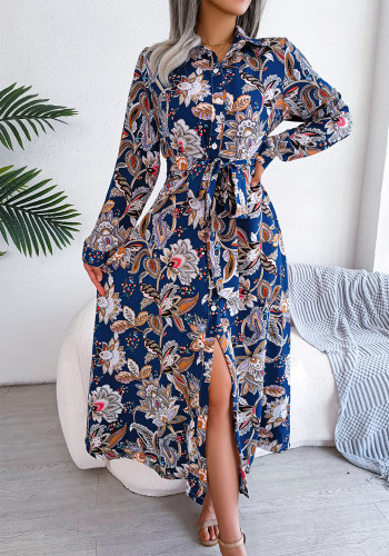 Robe chemise à col rabattu à fleurs vintage pour femme