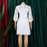 Women'S Chic Solid Color Lace Crochet Cutout Pleated Dress
