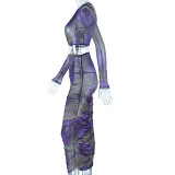 Women Irregular Print Long Sleeve Crop Top And Bodycon Skirt Set