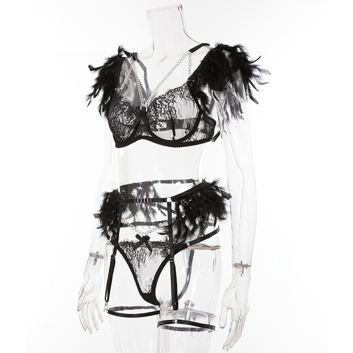 Women Feather Sexy Lingerie Three-Piece Set - The Little Connection