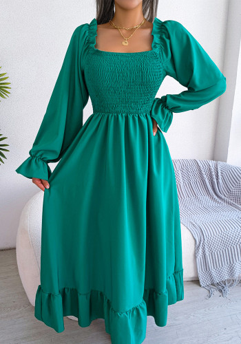Kadın Casual Kare Boyun Çan Alt Fırfırlı Maxi Elbise
