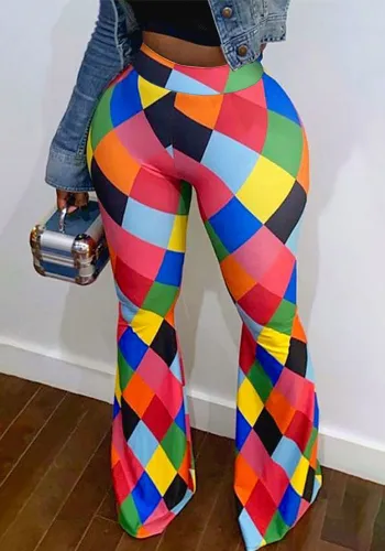 Plus Size Women Square Print Bell Bottom Pants