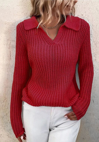 Women Turndown Collar Round Neck Sweater