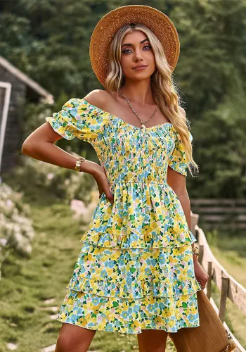 Women Romantic French Short Sleeve Cascading Ruffles Dress