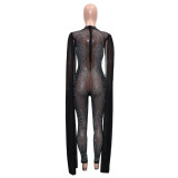 Women Sexy Mesh See-Through Beaded Jumpsuit