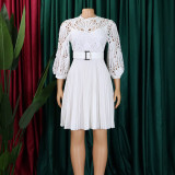 Women'S Chic Solid Color Lace Crochet Cutout Pleated Dress