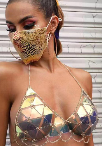 Haut de soutien-gorge à chaîne à pompons ondulés en acrylique à paillettes dorées pour femmes