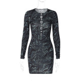 Women's autumn and winter long sleeve printed hollow Tight Fitting Bodycon fashionable sexy short dress