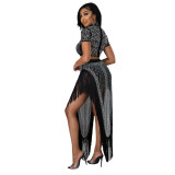 Fall Sexy Glod Rhinestone Black High Collar Long Sleeve Crop Top And Tassels Slit Dress Two Piece Set
