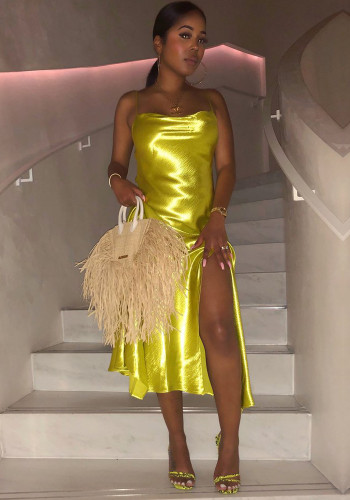 Women's gold suspender large slit evening nightclub dress