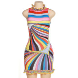 Autumn Women's Fashion Sweet Rainbow Print Sleeveless Slim Bodysuit Lace Dress