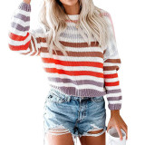 Mode Streifen Farbkontrast Pullover Pullover Damen Herbst Student Top Strickhemd