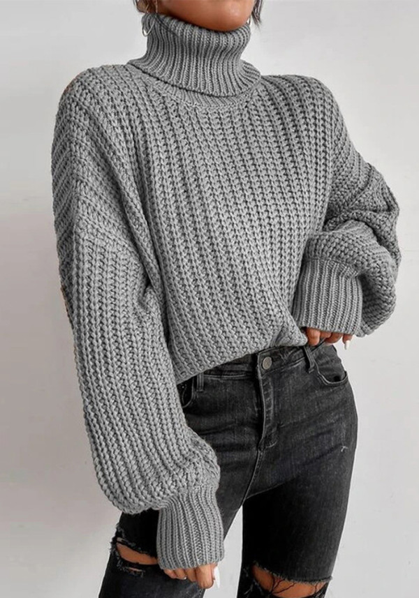 Automne et hiver mode épaule goutte à manches longues tricot pull ample col haut pull
