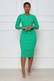 Women'S Fashion Knitting Dress Button Tight Fitting Long Sleeve Midi Dress