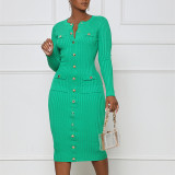 Women'S Fashion Knitting Dress Button Tight Fitting Long Sleeve Midi Dress