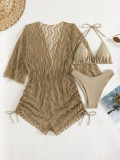 Traje de baño de mameluco de malla de manga larga Conjunto de bikini de tres piezas con blusa de protección solar con cordón de cintura alta para mujer