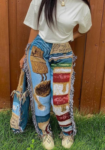 Pantalones de mujer con flecos de patrón multicolor suelto de moda Otoño Invierno