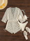Traje de baño de mameluco de malla de manga larga Conjunto de bikini de tres piezas con blusa de protección solar con cordón de cintura alta para mujer