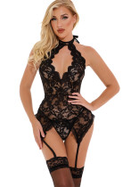 Lace Patchwork Halter Lace-Up Bodysuit Sexy See-Through Sexy Teddy Lingerie Set
