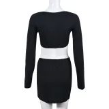 Women Lace-Up Long Sleeve Crop Top And Slit Skirt Two-Piece Set