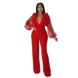 Women Mesh Balloon Sleeve V-Neck Backless Jumpsuit