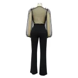 Women Mesh Balloon Sleeve V-Neck Backless Jumpsuit