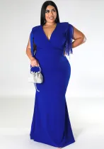 Plus Size Women V-Neck Solid Sleeveless Fringe Dress