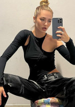 Camiseta de manga larga con hombros descubiertos y cuello redondo para mujer