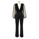 Women Mesh Balloon Sleeve V-Neck Backless Jumpsuit