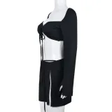 Women Lace-Up Long Sleeve Crop Top And Slit Skirt Two-Piece Set