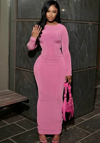 Women's Winter Fashion Stripe Solid Slim Round Neck Long Sleeve Dress