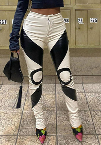 女性の Pu レザー黒と白のコントラスト カラー抽象ゴシック プリント カジュアル パンツ タイト フィット ズボン