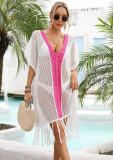 Blusa de playa de verano para mujer Vestido de blusa de bikini de vacaciones con borla de punto hueco