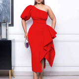 Women'S Elegant Solid Slash Shoulder Slit Ruffle Gown Sexy Dress