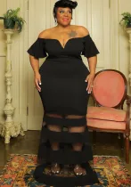 Sexy See-Through Fashion V Neck Short Flare Sleeves Plus Size Maxi Dress