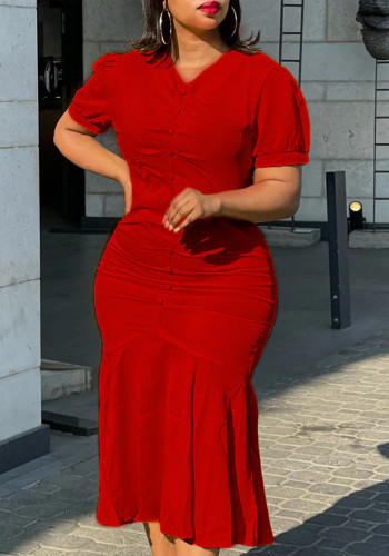 女性のソリッド カラー アフリカ プラス サイズ V ネック スリム フィット マーメイド ドレス