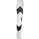 Pantalones casuales con estampado gótico abstracto de color de contraste en blanco y negro de cuero de Pu para mujer Pantalones ajustados