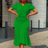 Women'S Solid Color Africa Plus Size V Neck Slim Fit Mermaid Dress